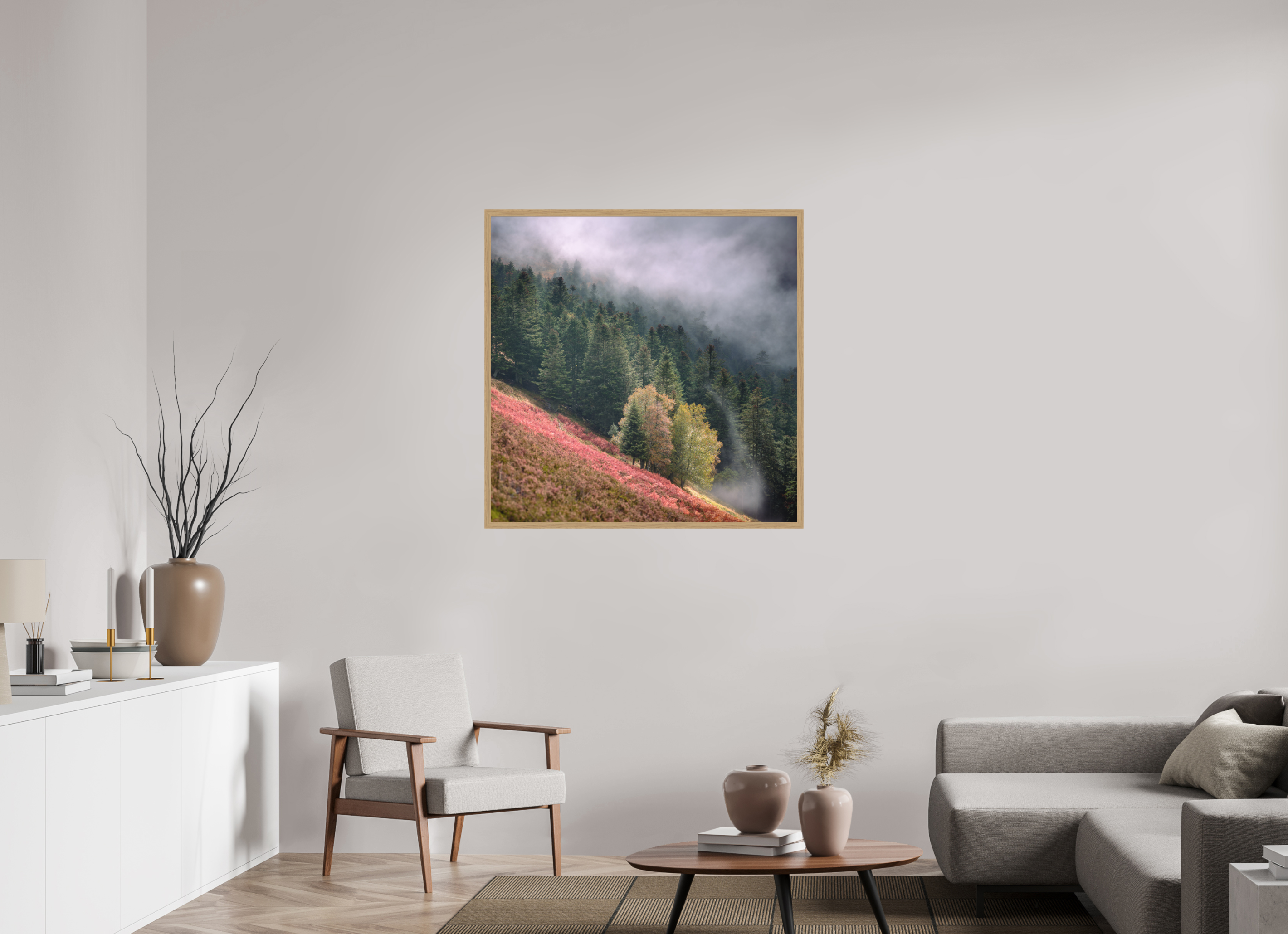100 x 100 cm, Impression Fine Art encadrée en chêne naturel - mat Brume du soir