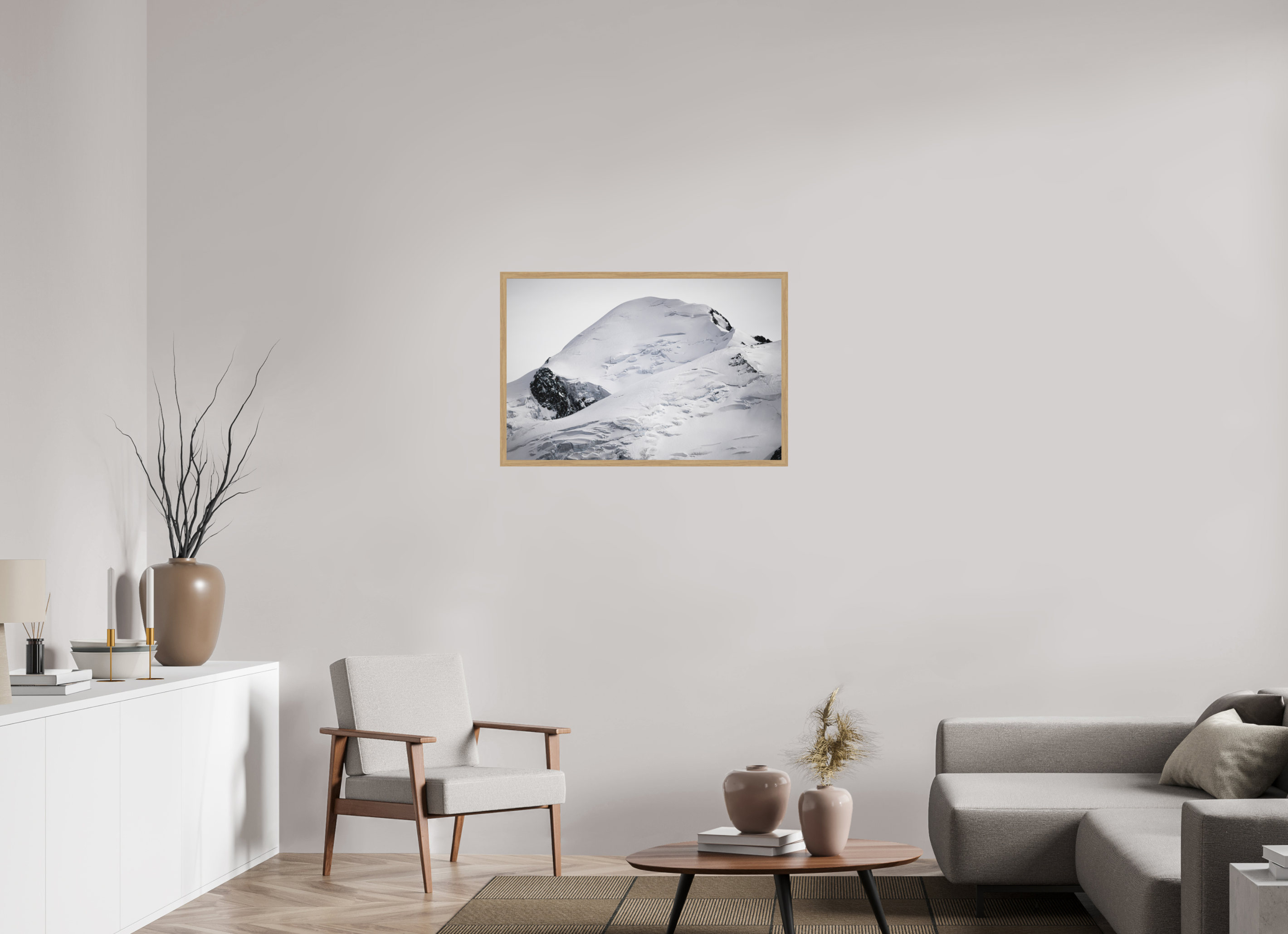90 x 60 cm, Impression Fine Art encadrée en chêne naturel - mat Le Mont Blanc