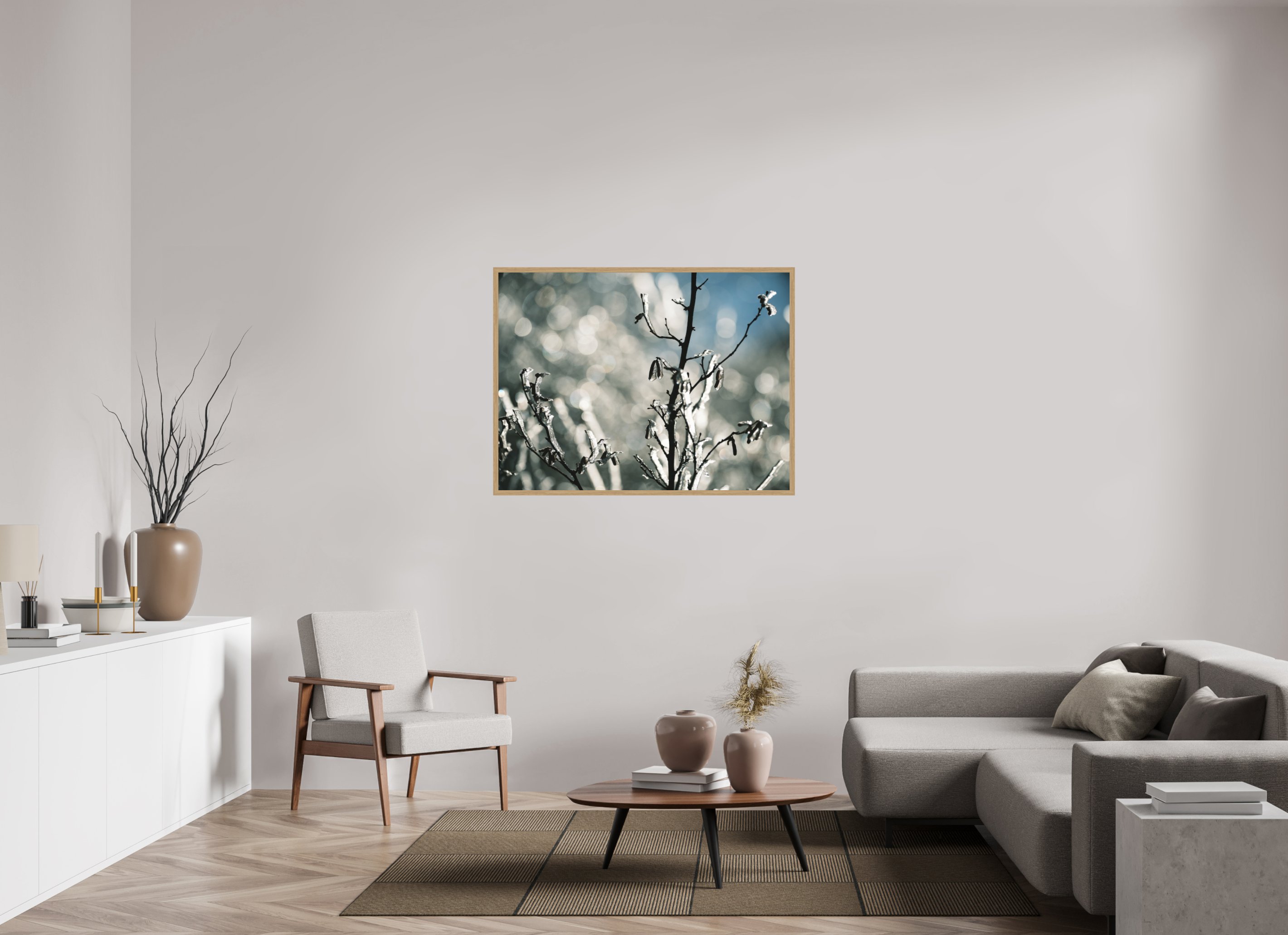 120 x 90 cm, Impression Fine Art encadrée en chêne naturel - mat Figé dans le froid