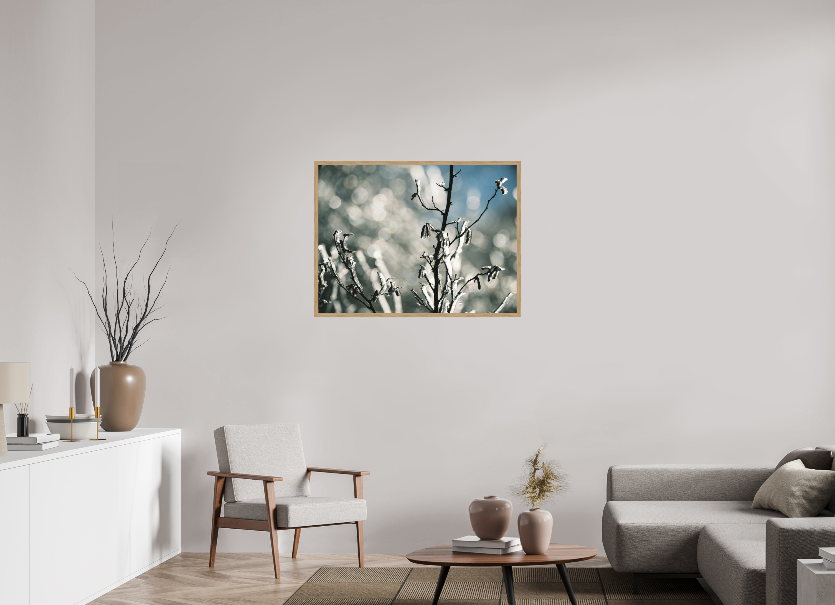 100 x 75 cm, Impression Fine Art encadrée en chêne naturel - mat Figé dans le froid