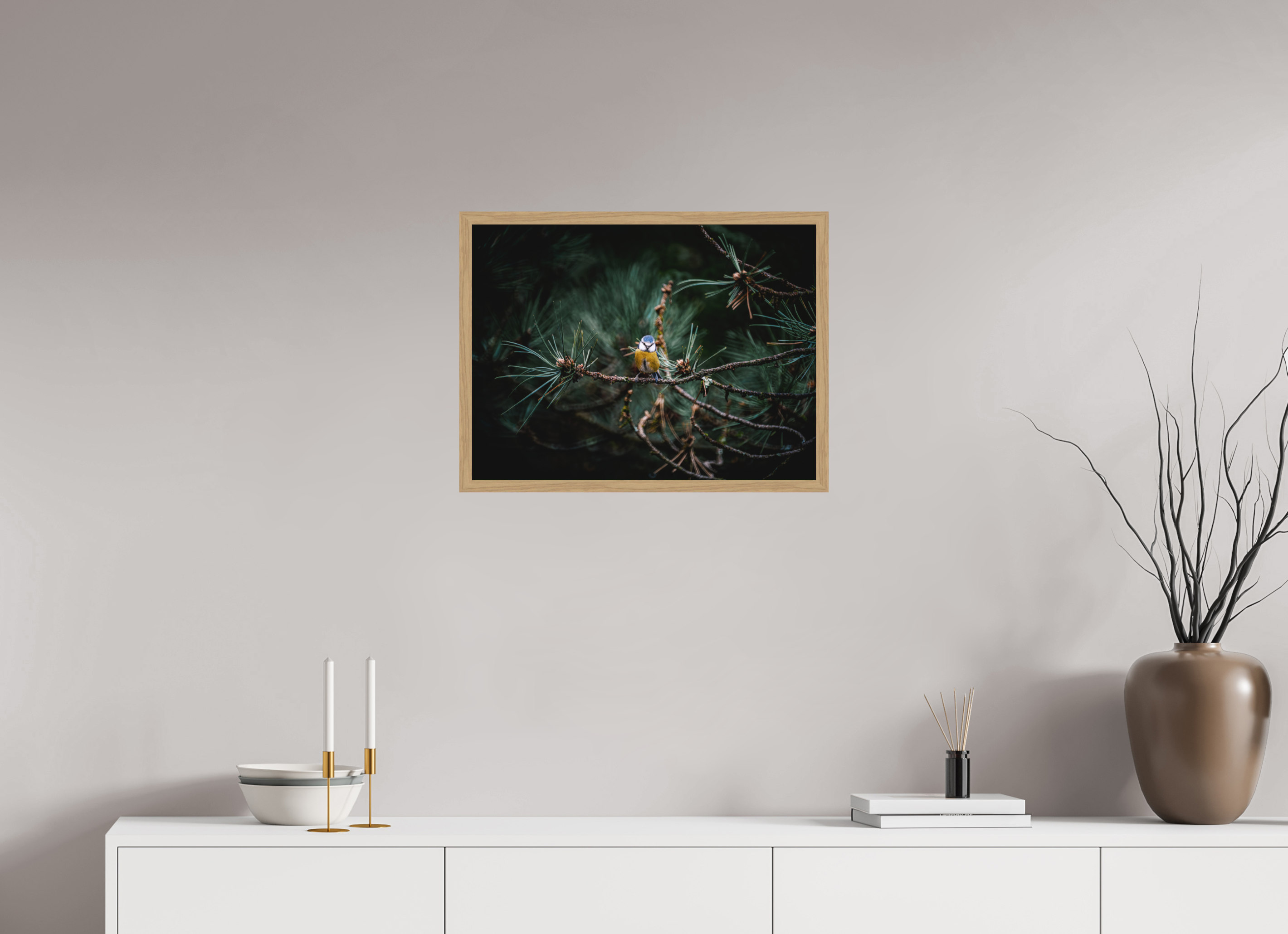 60 x 45 cm, Impression Fine Art encadrée en chêne naturel - mat Mésange II