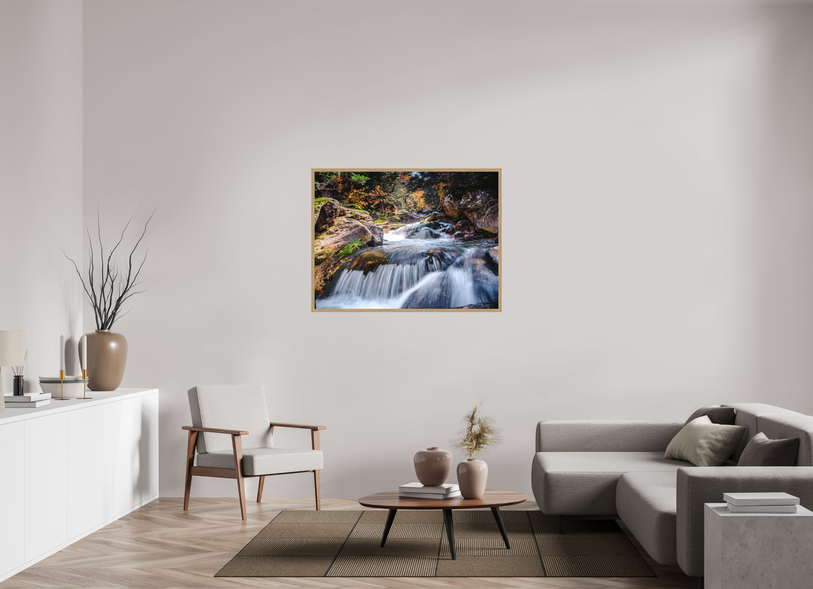 120 x 90 cm, Impression Fine Art encadrée en chêne naturel - mat Cascade enchantée