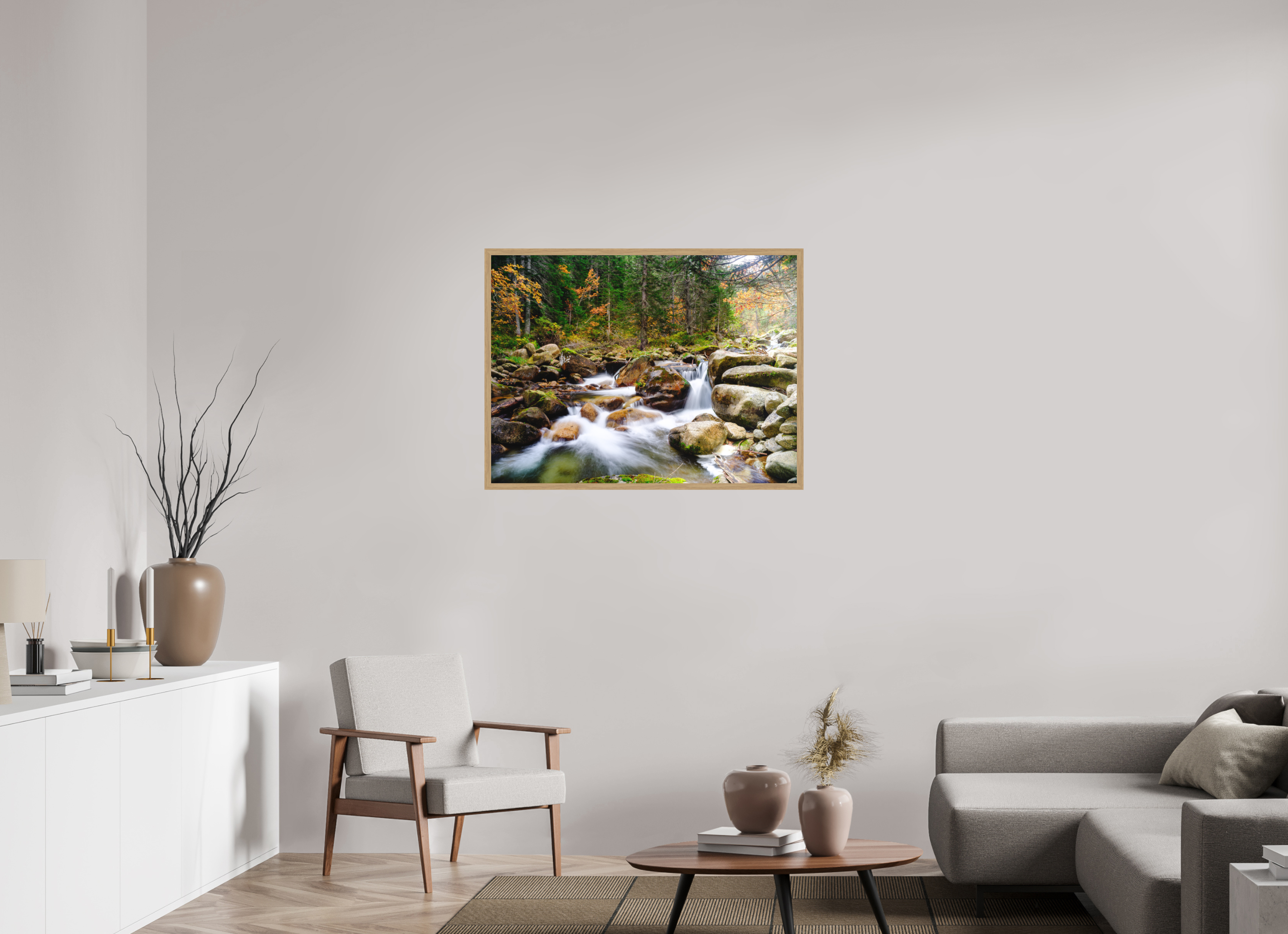 100 x 75 cm, Impression Fine Art encadrée en chêne naturel - mat Il en faut peu pour être heureux