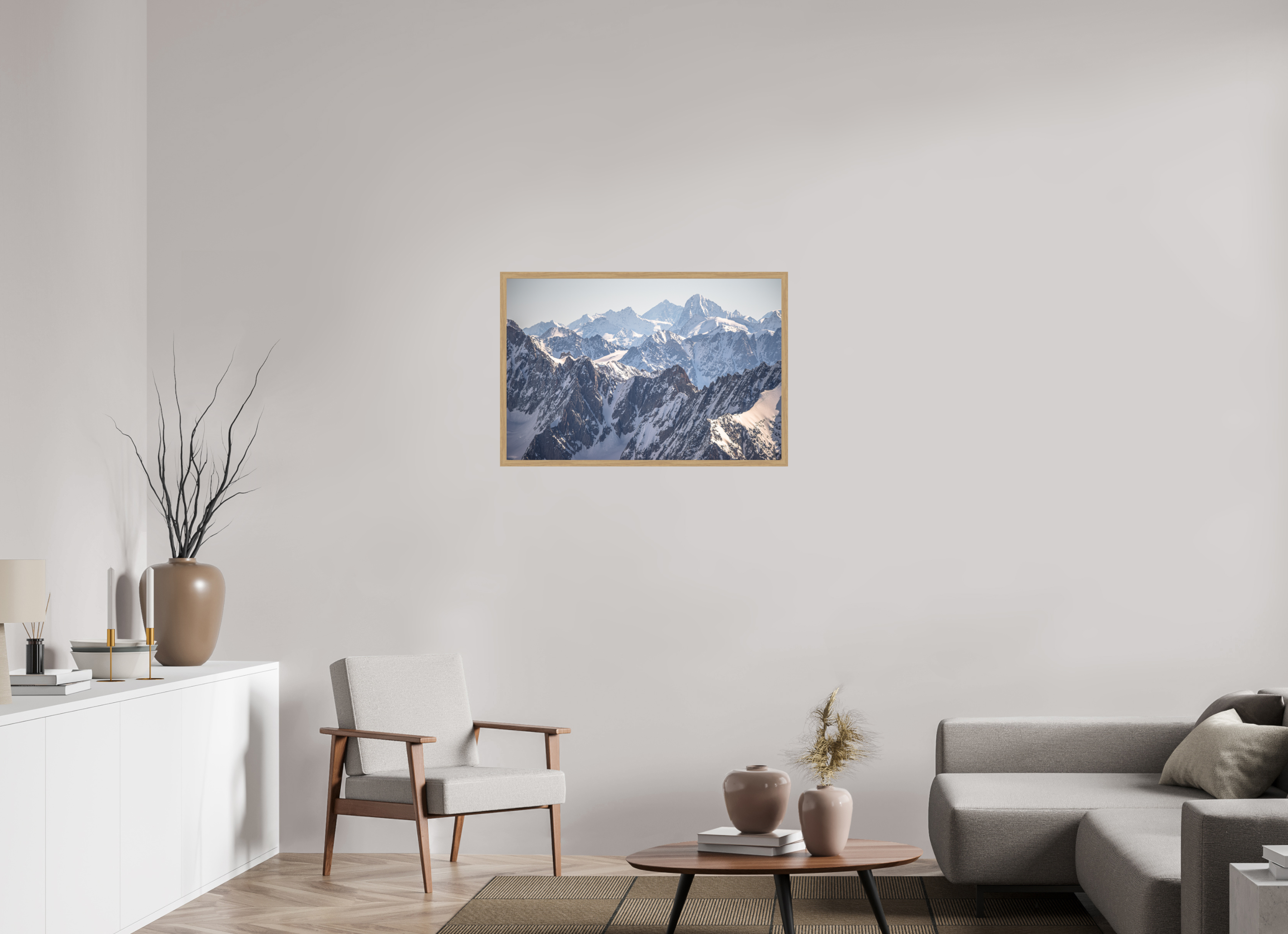 90 x 60 cm, Impression Fine Art encadrée en chêne naturel - mat Dom des Mischabels et Dent Blanche