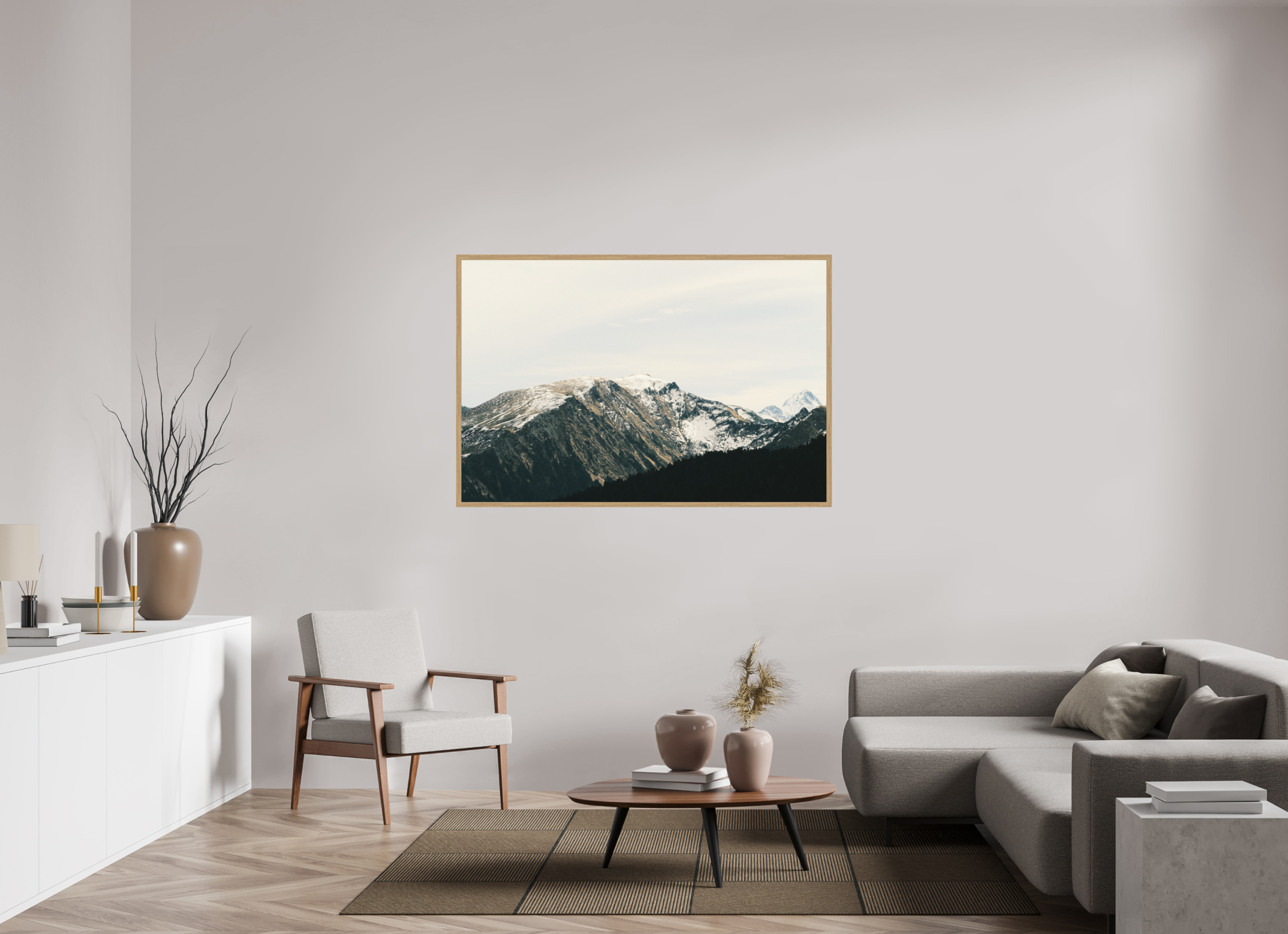 150 x 100 cm, Impression Fine Art encadrée en chêne naturel - mat Une douce journée d'hiver