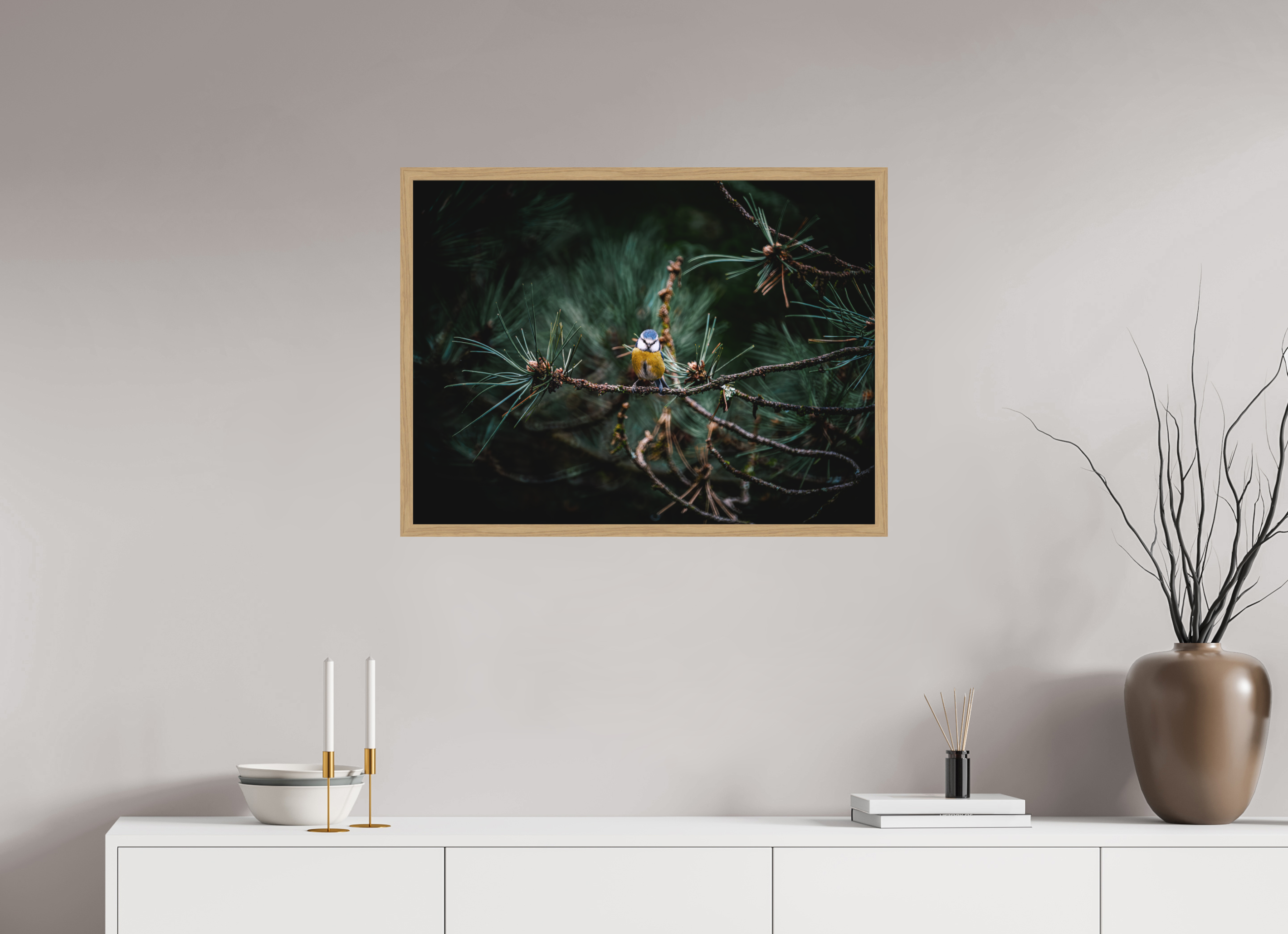 80 x 60 cm, Impression Fine Art encadrée en chêne naturel - mat Mésange II