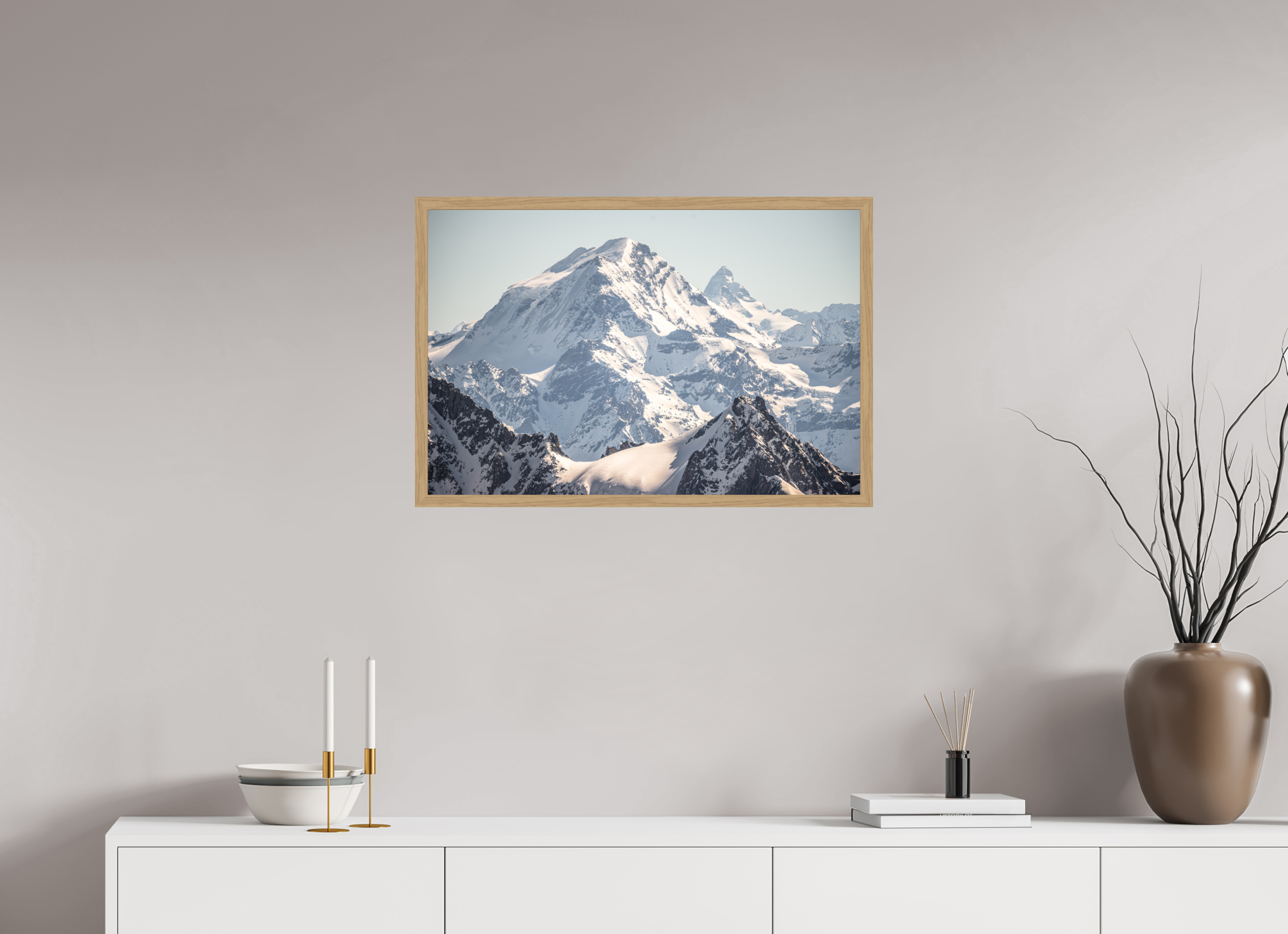 75 x 50 cm, Impression Fine Art encadrée en chêne naturel - mat Grand Combin et Cervin