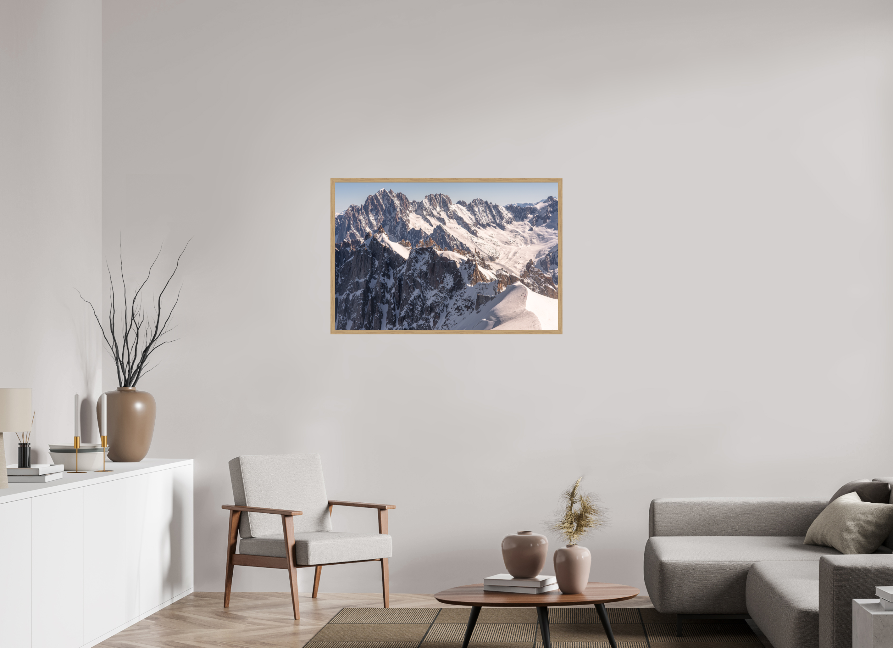 105 x 70 cm, Impression Fine Art encadrée en chêne naturel - mat Aiguille Verte, les Droites et les Courtes