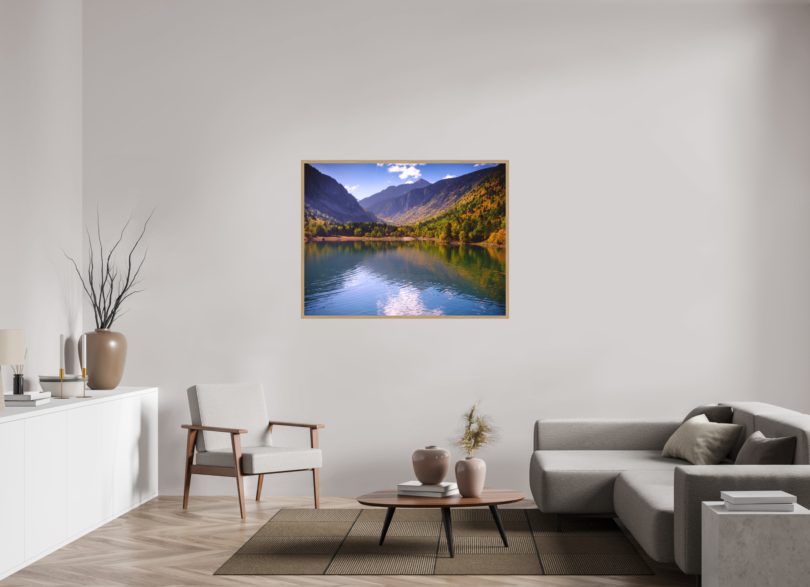 131,8 x 100 cm, Impression Fine Art encadrée en chêne naturel - mat Lac et automne