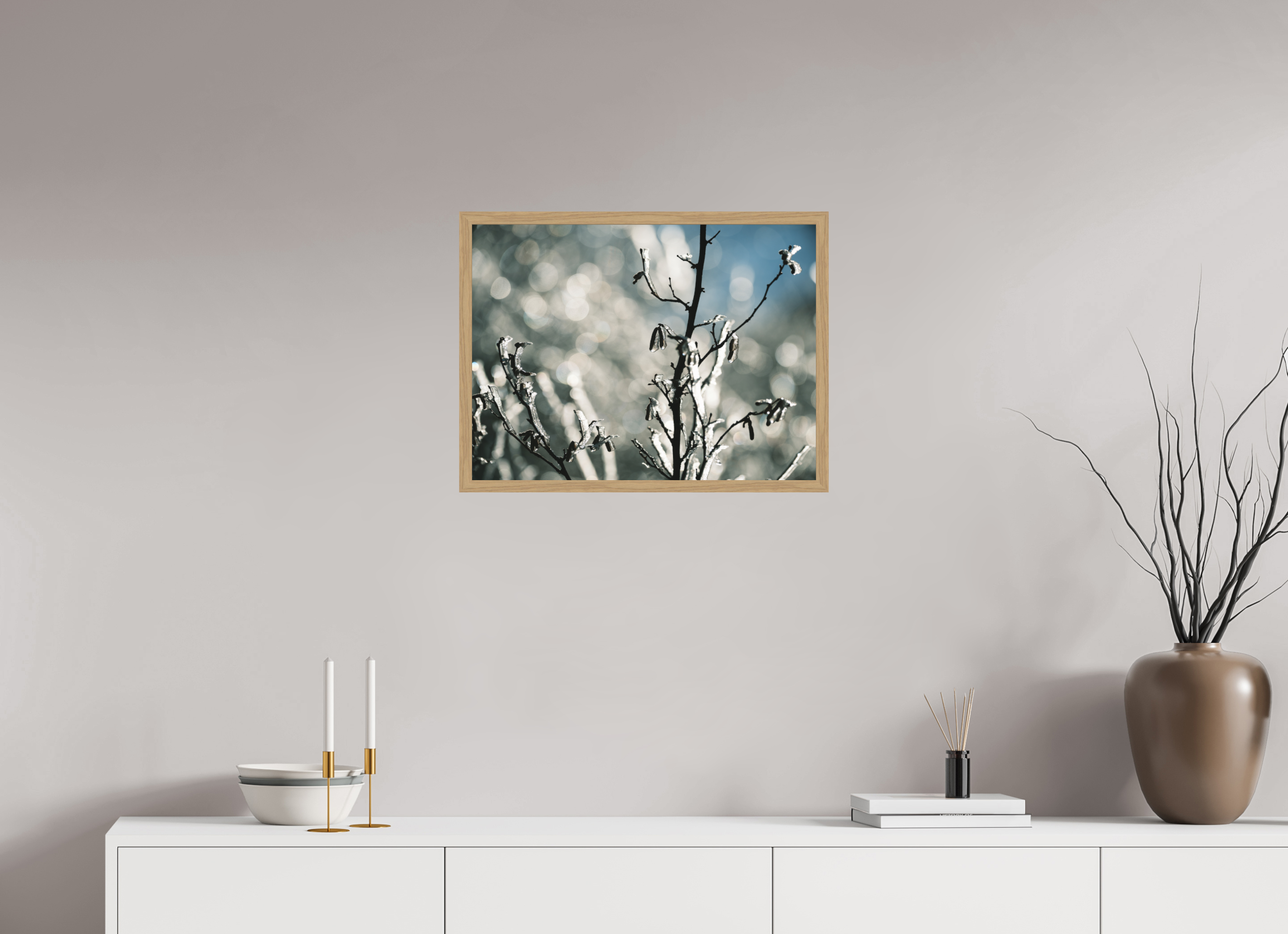 60 x 45 cm, Impression Fine Art encadrée en chêne naturel - mat Figé dans le froid