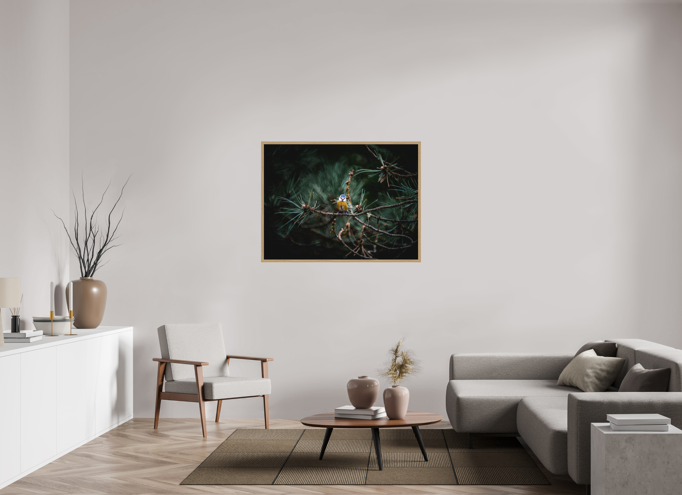 120 x 90 cm, Impression Fine Art encadrée en chêne naturel - mat Mésange II