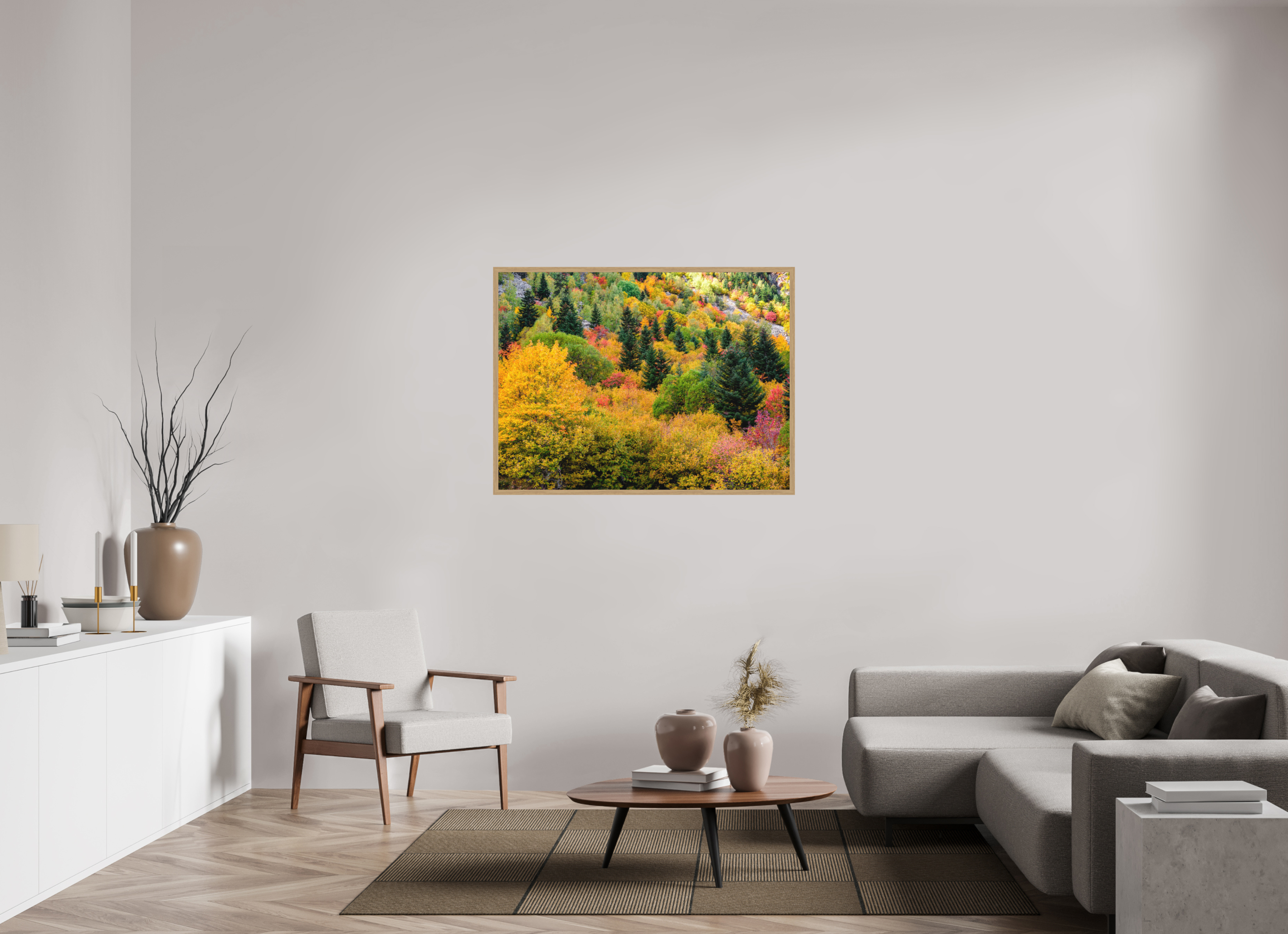 120 x 90 cm, Impression Fine Art encadrée en chêne naturel - mat Forêt de couleurs