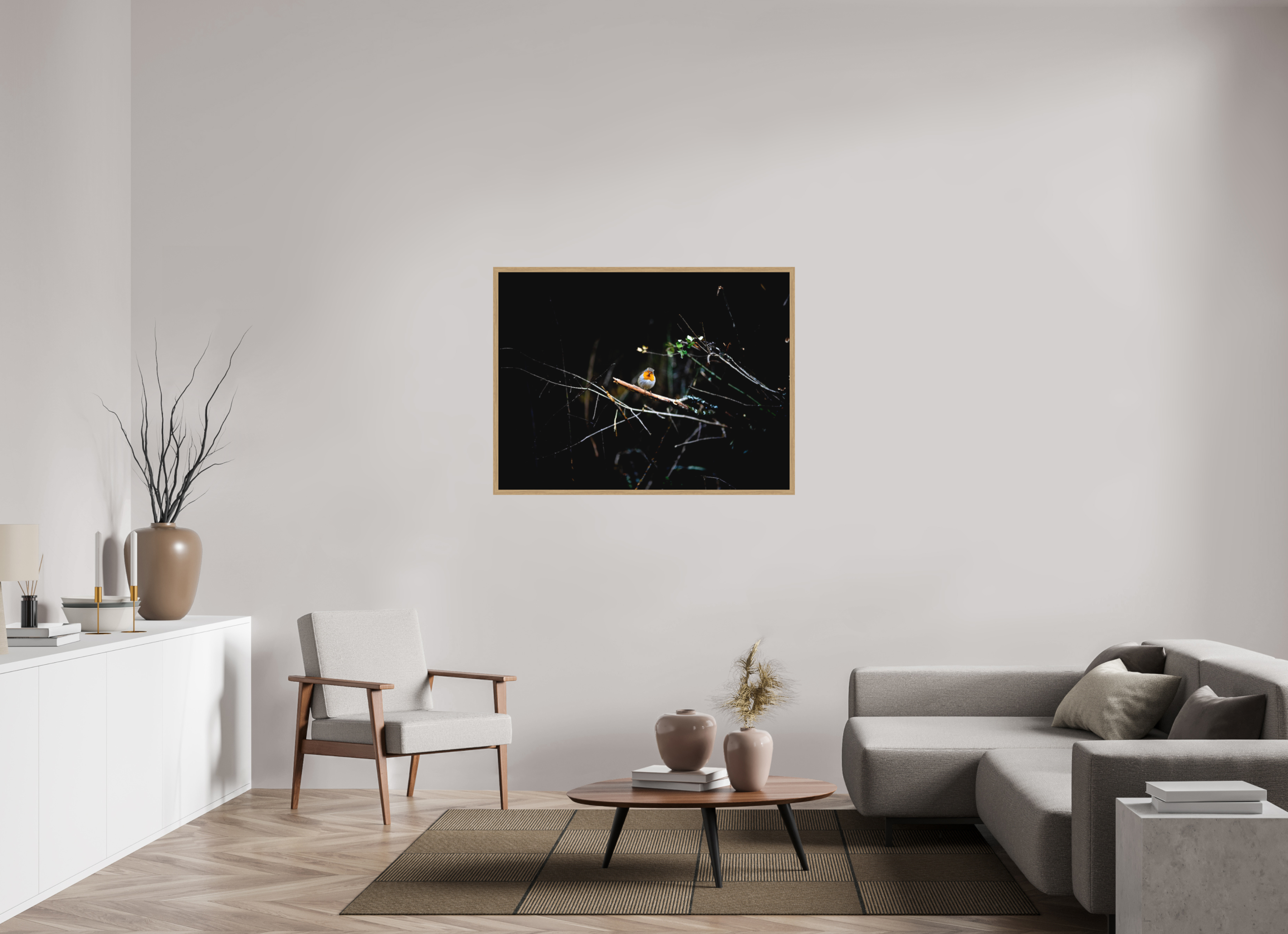 120 x 90 cm, Impression Fine Art encadrée en chêne naturel - mat Rouge gorge