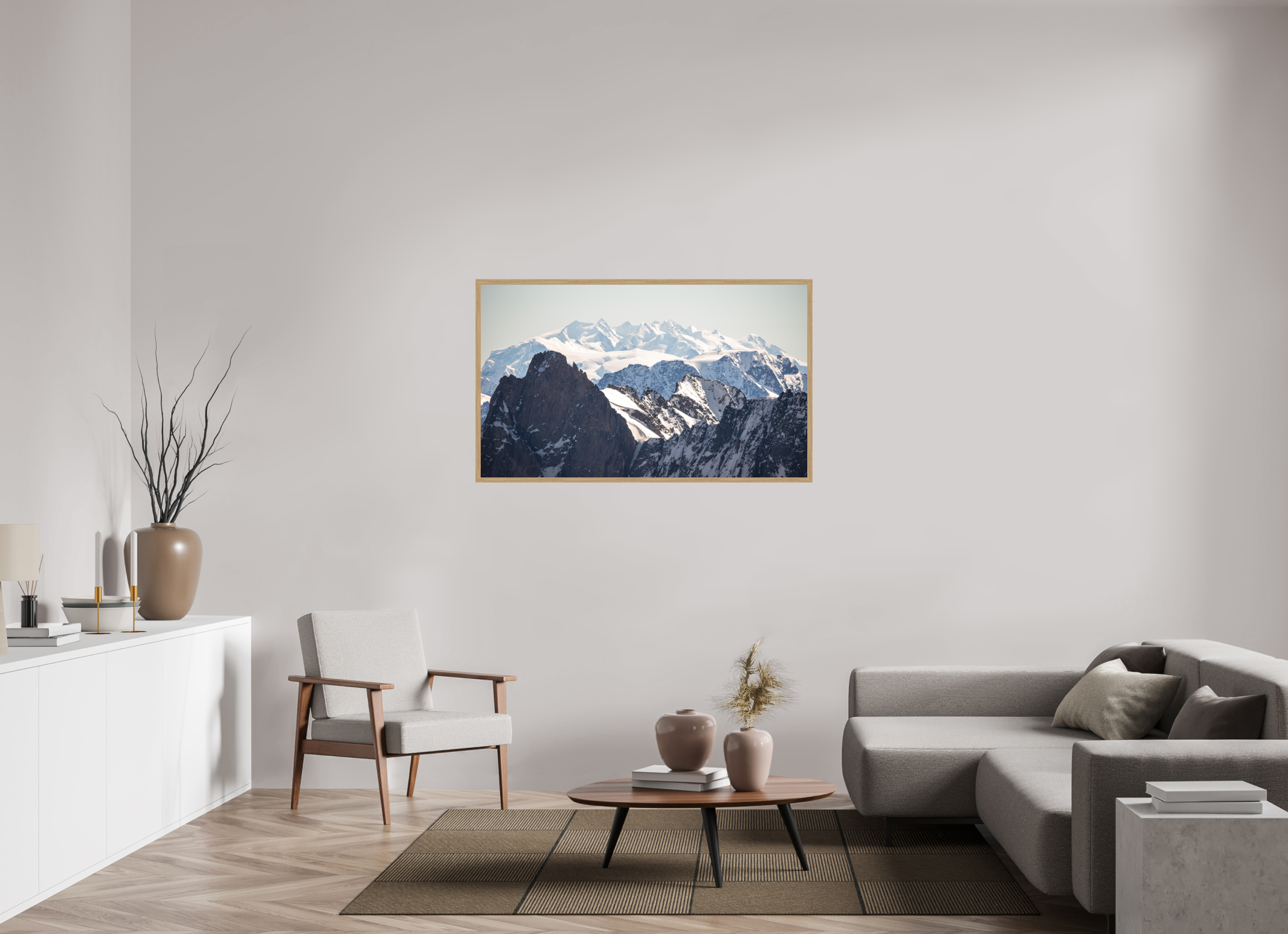 134,3 x 80 cm, Impression Fine Art encadrée en chêne naturel - mat Le massif du Mont Rose