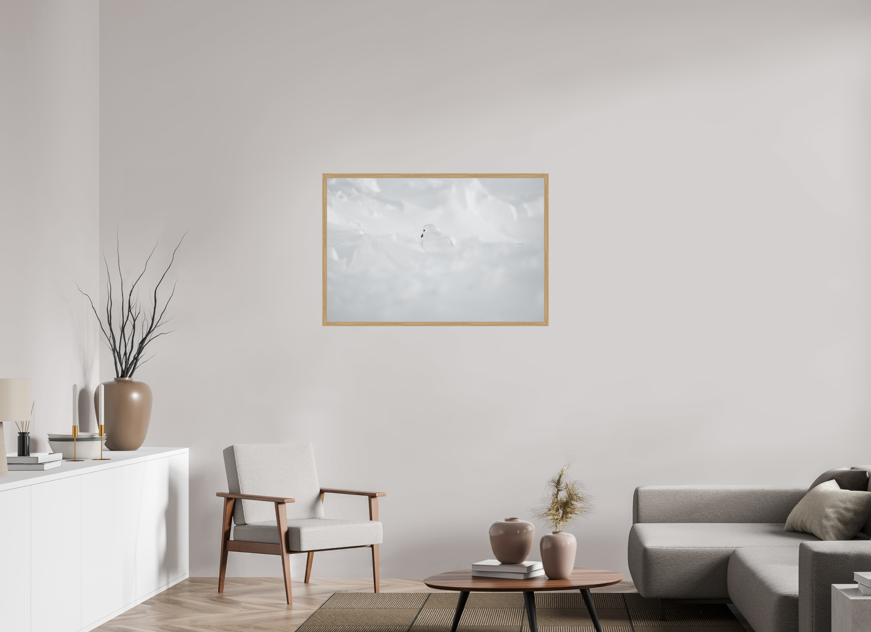105 x 70 cm, Impression Fine Art encadrée en chêne naturel - mat Le Pétrel des Neiges