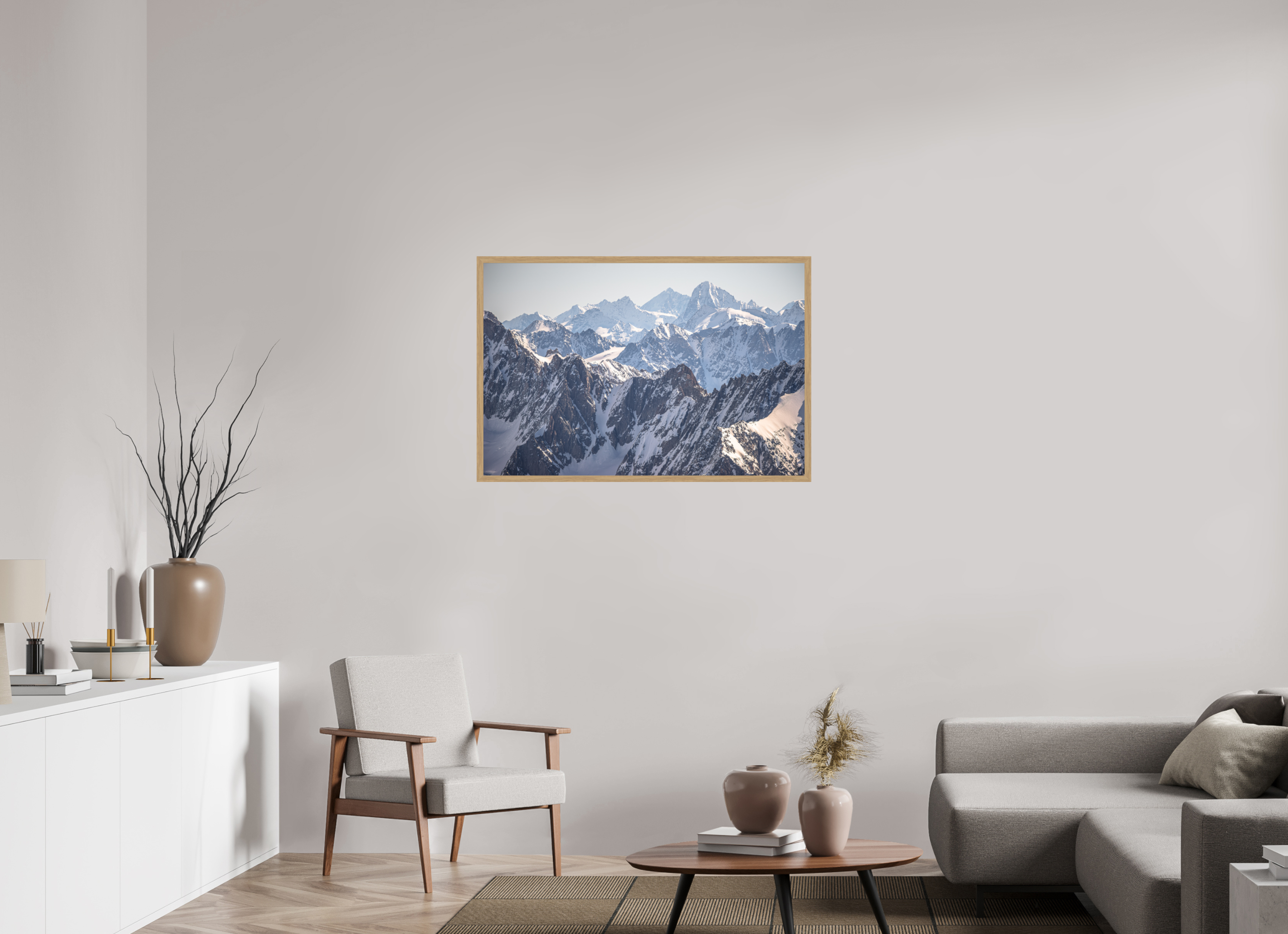 105 x 70 cm, Impression Fine Art encadrée en chêne naturel - mat Dom des Mischabels et Dent Blanche